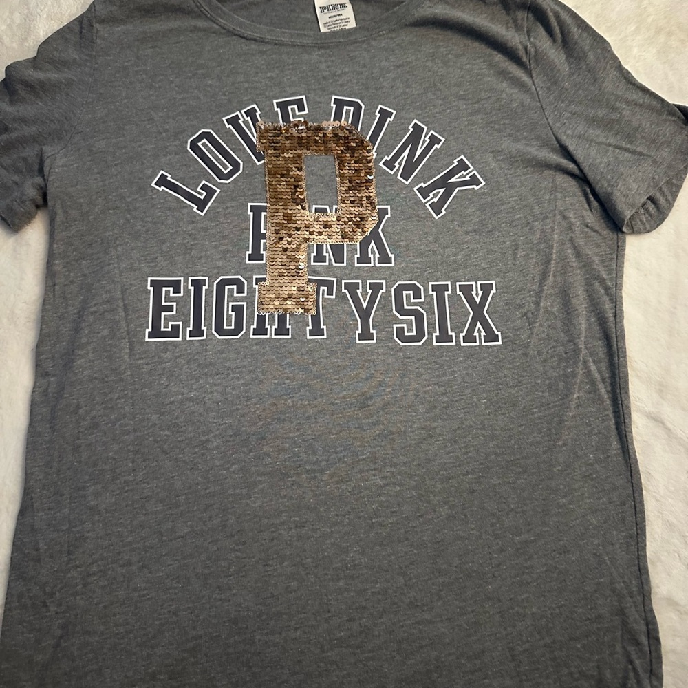 PINK Victoria's Secret Gray Tee with Gold Sequin Lettering